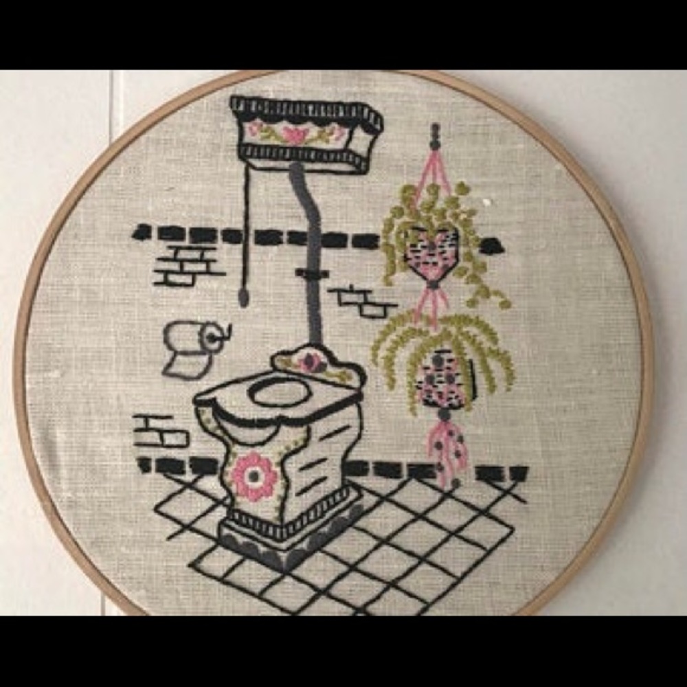 Hand embroidered vintage bathroom picture